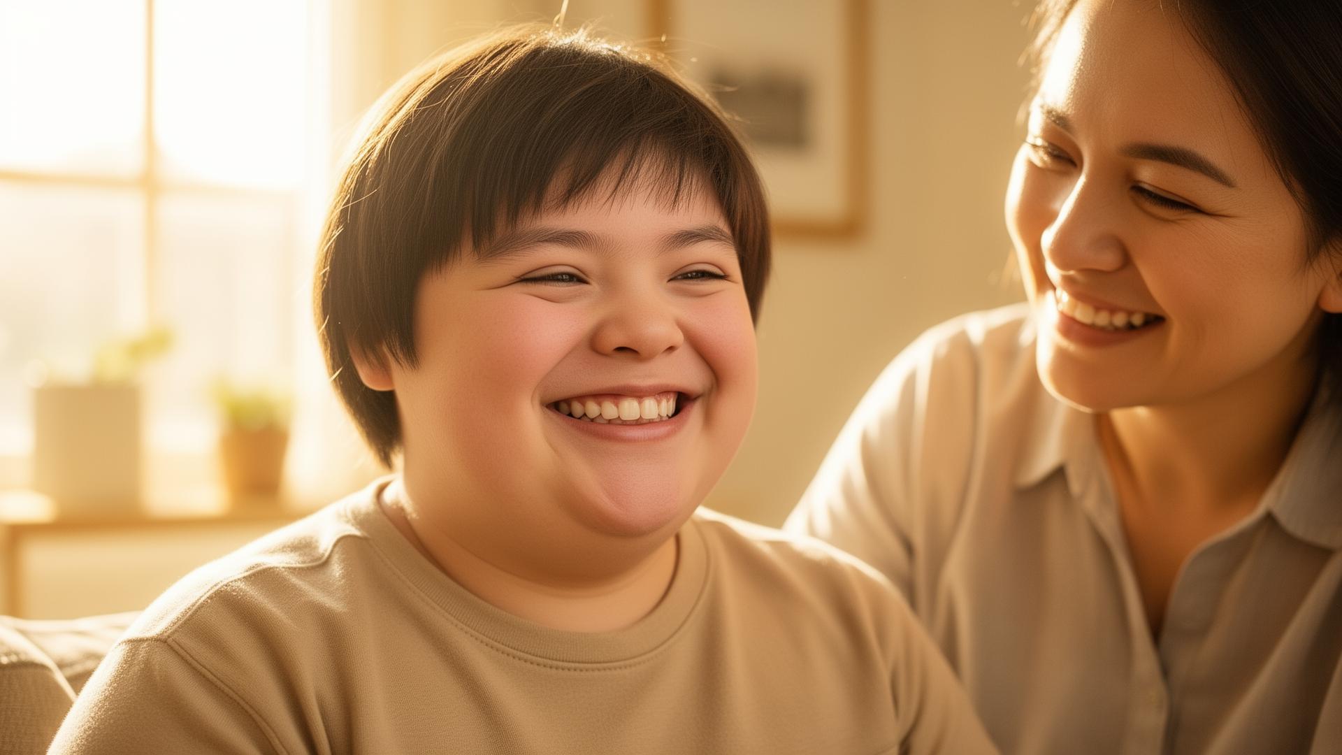 Smiling young adult with Down syndrome sharing a joyful moment with their caregiver at home